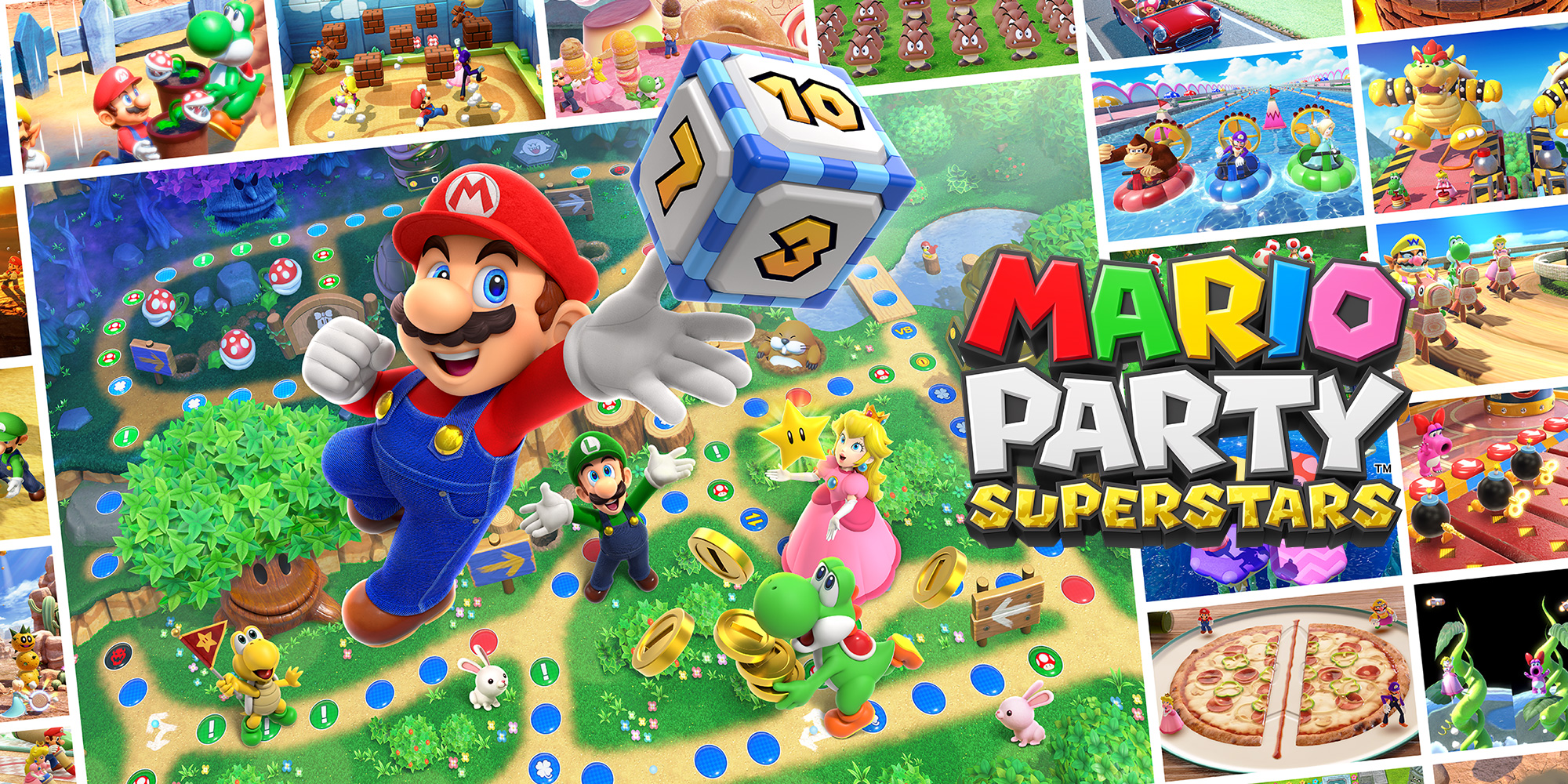 Mario Party Super Stars - a picture of Mario throwing a dice and jumping above some of the other characters